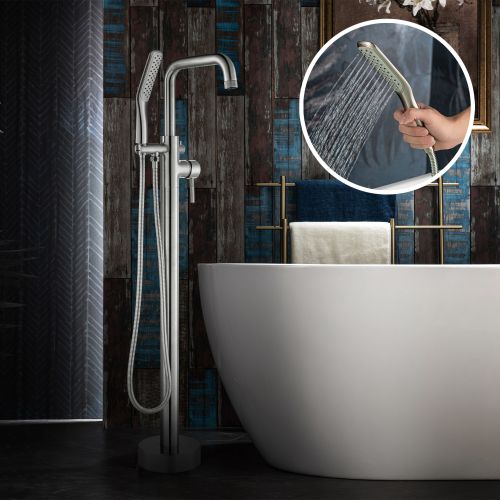 WOODBRIDGE F0070BNSQ Fusion Single Handle Floor Mount Freestanding Tub Filler Faucet with Square Shape Hand Shower in Brushed Nickel Finish.