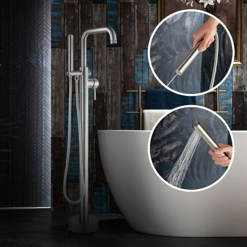 WOODBRIDGE F0071CHDR Contemporary Single Handle Floor Mount Freestanding Tub Filler Faucet with 2 Function Cylinder Style Hand Shower in Chrome Finish.