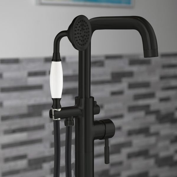  WOODBRIDGE F0072MBVT Fusion Single Handle Floor Mount Freestanding Tub Filler Faucet with Classic Telephone Style Hand Shower in Matte Black Finish._15150