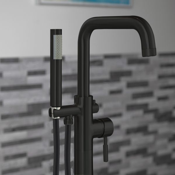 WOODBRIDGE F0072MBRD Contemporary Single Handle Floor Mount Freestanding Tub Filler Faucet with Cylinder Style Hand Shower in Matte Black Finish.